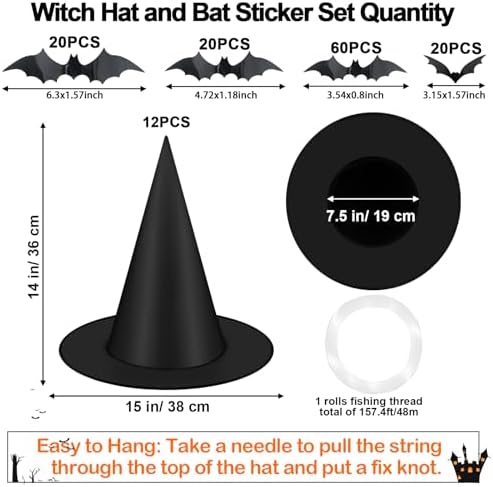 Famoby 12pcs Halloween Black Witch Hat with 157 FT Nylon Cord &120pcs Bat Sticker for Indoor Outdoor Home Yard Porch Ceiling Halloween Party Decorations