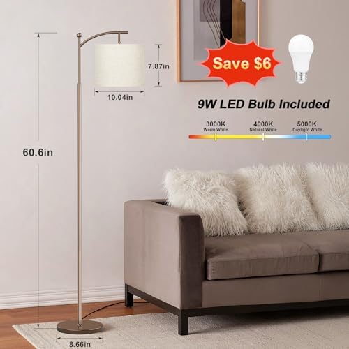 Ambimall 60" Floor Lamp for Living Room with 3 Color Temperatures, Adjustable Beige Shade with Brown Pole, Tall Lamp