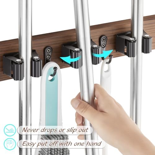 OUTNILI Mop and Broom Holder Wall Mount - Wood Broom Mop Hanger - Wall Mounted Garden Tool Rack Organizer for Closet