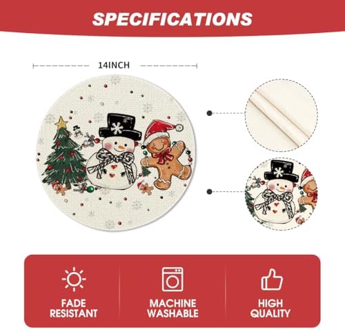 Artoid Mode Snowman Tree Round Christmas Placemats Set of 4, 14 Inch Seasonal Winter Place Mats for Gift Party Table Dining Decoration