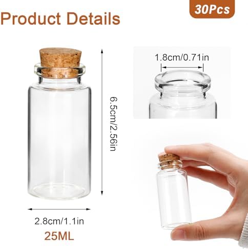30 Pcs 25ml Small Glass Bottles with Cork Lids, Mini Glass Jars for Wedding Favors Empty Miniature Potion Message Wishing Bottles Spell Jars for DIY Crafts Baby Shower Party Home Decoration