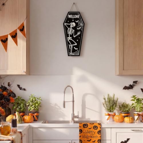 Smile Halloween Wooden Door Hanger with Welcome Skeleton Coffin Design