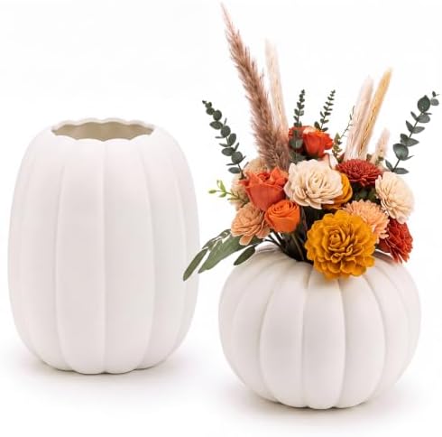 FoldTier 2pcs Fall Pumpkin Vase Ceramic Fall Table Decor Centerpieces Thanksgiving White Pumpkin Vases Centerpiece Autumn Harvest Decorations for Home Indoor Dining Room Kitchen Office