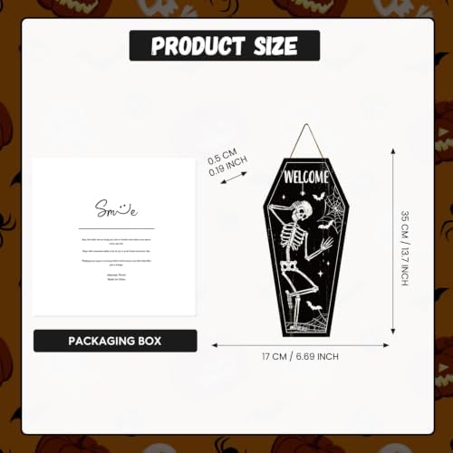 Smile Halloween Wooden Door Hanger with Welcome Skeleton Coffin Design