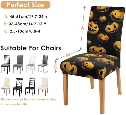 4 Pcs Halloween Dining Chair Covers, Spooky Pumpkin Stretch Removable Washable Seat Slipcovers, Horror Scary Kitchen Dining Room Hotel Decor