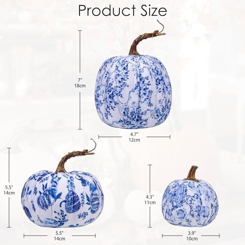 GnFlus Fake Pumpkin Decor 3 Pcs Faux Pumpkins Small Blue and White Velvet Pumpkins Mini Artificial Pumpkin Fall Decorations for Home Table Farmhouse Mantel Halloween Thanksgiving