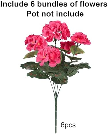 Artificial Geranium Fake Flowers for Outdoors Decoration, 6 Bundles Silk Geraniums Flower UV Resistant Look Real Faux Plants for Outside Planter Front Door Garden Patio Balcony Yard Home, Hot Pink