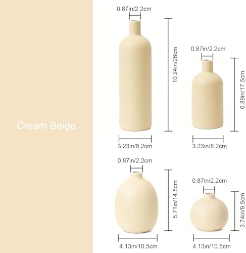 Ceramic Vase / Rustic Farmhouse Decorative Flowers Vases for Bouquet / Beige / Set of 4