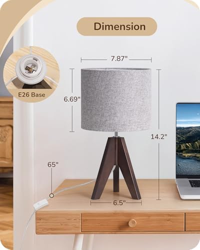 EDISHINE Boho Small Table Lamp, Wood Lamp, Grey Linen Lampshade,14.2 Inch