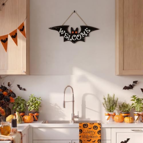 Smile Halloween Wooden Door Hanger with Welcome Bat Design