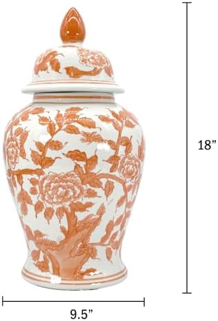 Galt International Orange & White Floral Chinoiserie Ceramic Temple Jar 18" w/Lid - Ginger Jar Home & Kitchen Decor for