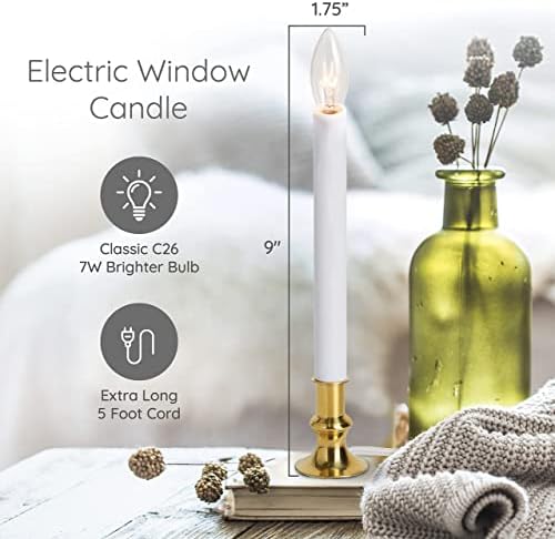 Electric Christmas Window Candle Lamp with Brass Plated Base, Dusk to Dawn | Auto Sensor | Turns Candle on in Dark and Off in Light, Ready to Use! | 4 Pack