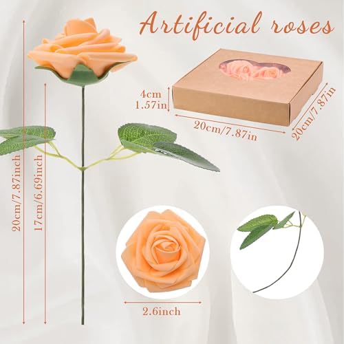 16 Pcs Orange Artificial Flowers, Fake Roses with Stems