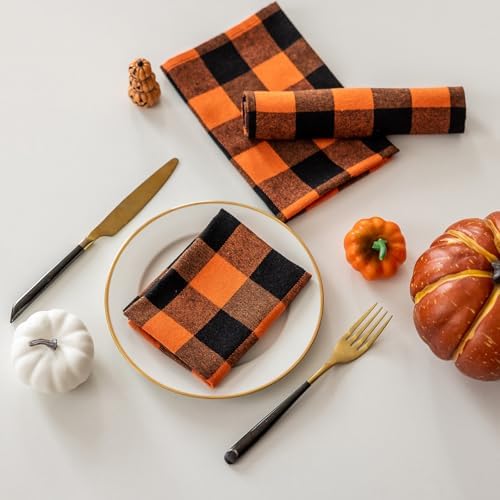 Joyfol Day 4-Pack Orange Buffalo Plaid Cloth Napkins - 17x17 Inch Halloween & Fall Checkered Dinner Napkins, Washable for Thanksgiving Table Decor (Set of 4)