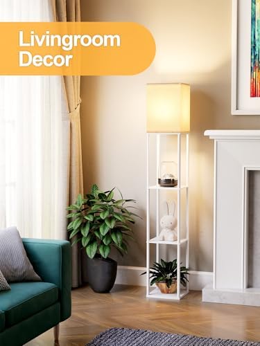 Floor Lamp with Shelves for Living Room White, Shelf Floor Lamp with 3 CCT LED Bulb, Corner Display Standing Column
