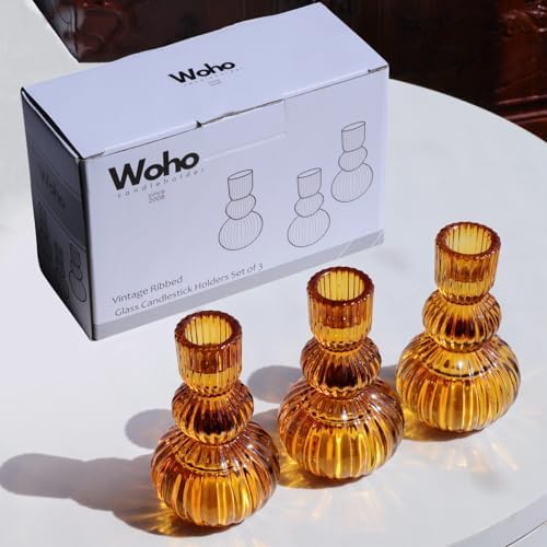 Woho Amber Candlestick Holders Set of 6 4.3" H for Thanksgiving/Fall Decor