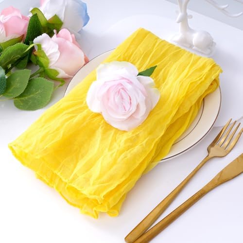 Nydotd 6pcs Cheesecloth Napkins 20 x 20 Inch Boho Dinner Napkins Wrinkled Rustic Linen Table Decorative Cloth Napkins for Wedding Party Baby Shower Family Everyday Use (Lemon Yellow)