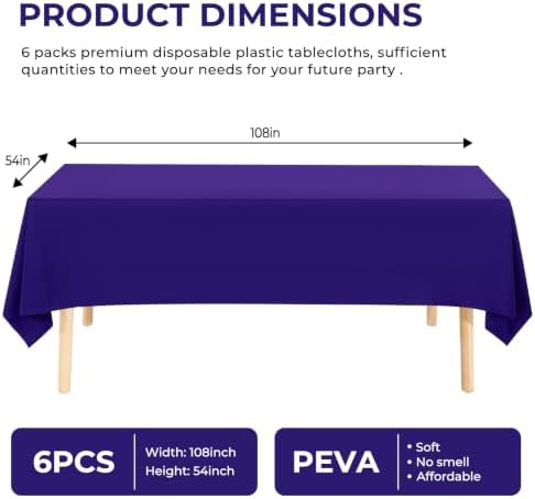 6 Pack Premium Disposable Plastic Tablecloth 54" x 108" Party Table Cloths Disposable for 6 to 8 Foot Tables Indoor or Outdoor Birthdays Weddings Christmas Anniversary Buffet Table (Dark purple)