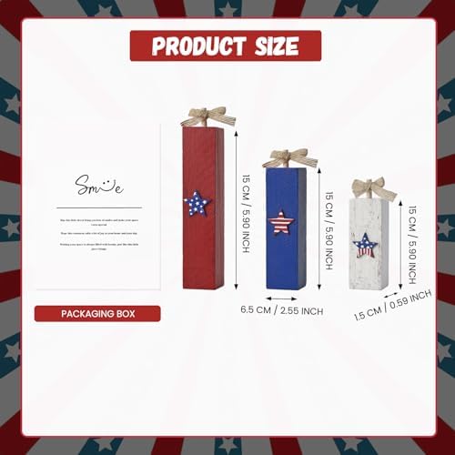 Smile Wooden Patriotic Star Decor Blocks - 3-Piece Red, White, Blue Distressed Design, Tabletop Shelf Accents for 4th of July & American Holiday Decoration