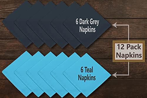 Ruvanti Cloth Napkins Set of 12, Cotton Enrich 18”x18” - Dark Grey & Teal