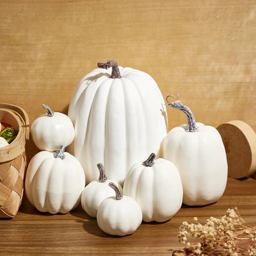 Halloween Autumn Harvest Festival 7 Artificial Pumpkins of Various Styles Decorate Rural Style Farmhouses Foam Pumpkins Thanksgiving Dinner Party Home Festival Autumn Decoration (White)