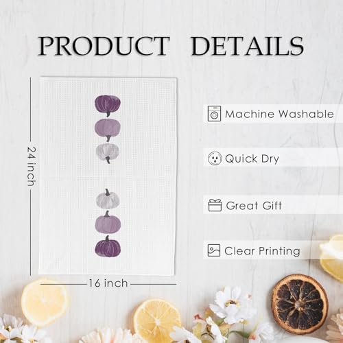 Purple Fall Pumpkin Decor Kitchen Towels and Dishcloths Set of 2, Purple Farmhouse Pumpkins Fall Decor Decorative Hand Tea Towel for Dorm Bathroom Living Room, Autumn Dish Towels, 16×24 Inch