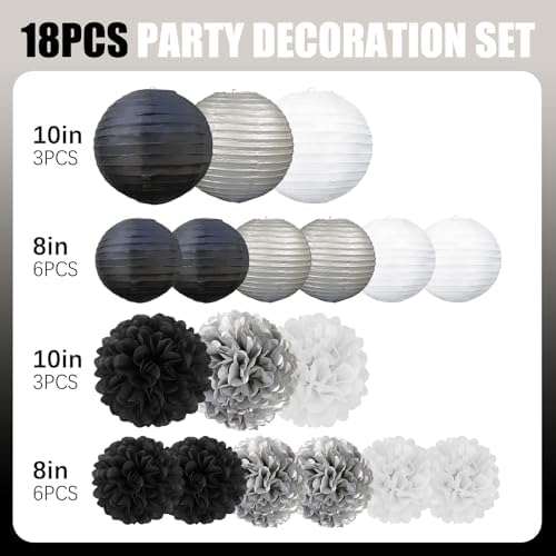 18 PCS Black White Silver Paper Lanterns & Tissue Paper Pom Poms for Men's Birthday, Graduation 2026, Wedding, Hanging Paper Decor for Indoor Outdoor Events Theme Party Supplies