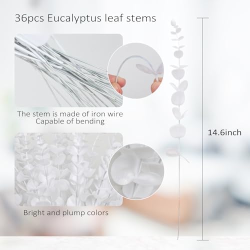 RECUTMS 36Pcs Eucalyptus Leaves Stems14.6In White Christmas Halloween Pick