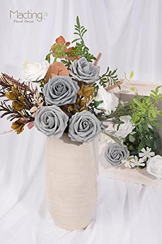 MACTING 30PCS Grey Artificial Roses with Stems, Real Touch Foam Flowers