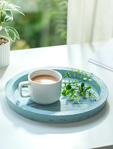 Hanobe Round Wood Candle Holder Tray, Ocean Blue Coastal Coffee Table Decor