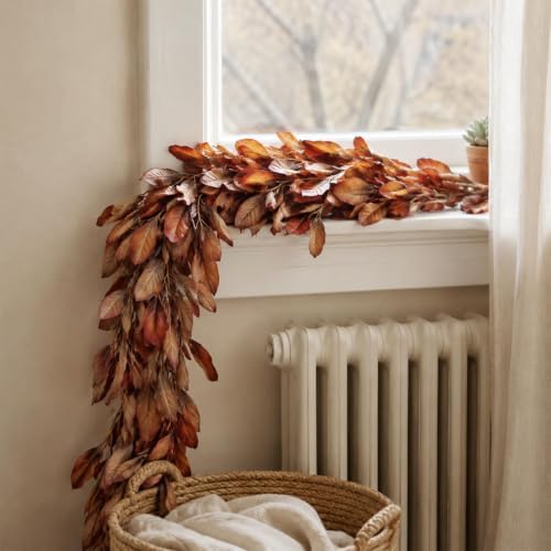 6 FT Artificial Fall Magnolia Leaf Garland for Fireplace Decoration(Orange)