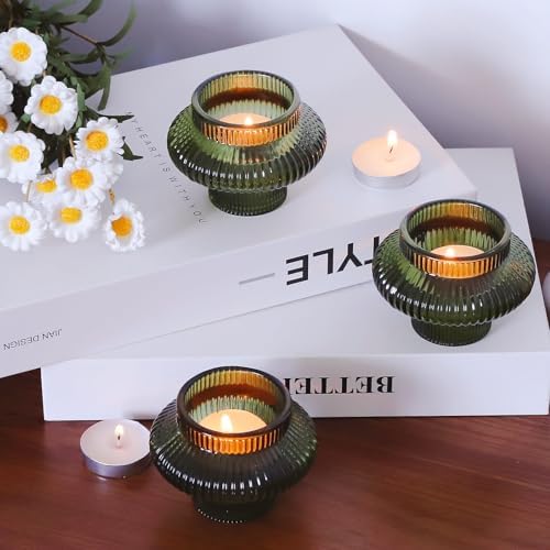 VOHO Green Taper Candle Holders Set of 6, Ribbed Glass Candlestick Holders