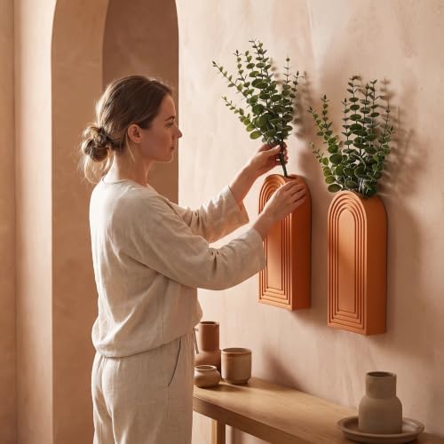 Dnnnii 2 Pack Wooden Wall Vase Set - Orange Finish Modern Farmhouse & Boho Wall Decor for Entryway, Hallway, Bathroom