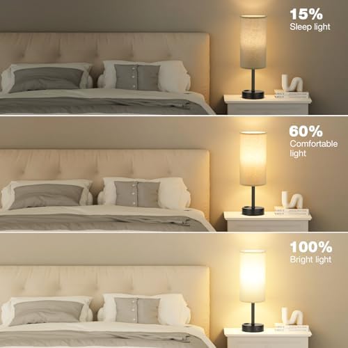 Fenmzee Beige Bedside Lamp for Bedroom, Dimmable Touch, USB A+C, AC Outlet