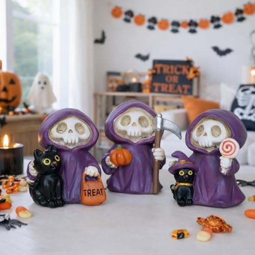 Halloween Decorations Indoor, 3 Pcs Witch Skeleton Statues for Table Mantel Shelf Decor Cute Spooky Halloween Figurines with Grim Reaper Witch Hat Black Cat, Pumpkin Skull Gothic Resin Tabletop Decor
