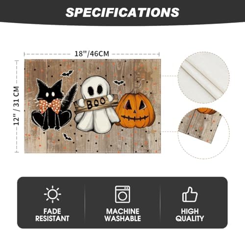 Artoid Mode Wood Polka Dot Ghost Cat Boo Halloween Placemats Set of 4, 12x18 Inch Seasonal Table Mats for Party Kitchen Dining Decoration