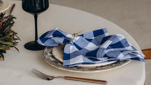 Navy Blue Cloth Napkins - Reusable Navy Blue and White Cotton Napkins - 100% Cotton, 12 Pack - 20"x20", Washable, Plaid Gingham Pattern, Perfect for BBQ, Parties and Small Get-Togethers (Blue)