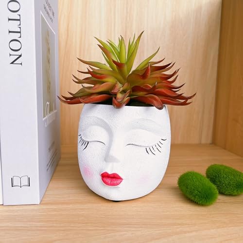 Face Planter Pot,Small Cute Resin Flower Head Planter with Red Lip,White,1P