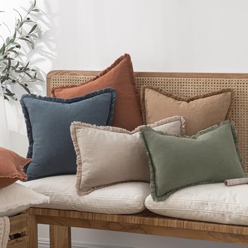 MIULEE Boho Natural Linen Fringe Decorative Euro Throw Pillow Covers 24x24