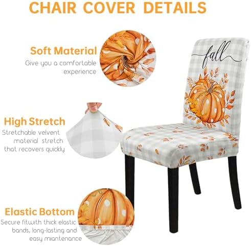 Fall Chair Covers Set of 4 Neutral Gingham Pumpkin Parsons Chair Slipcovers