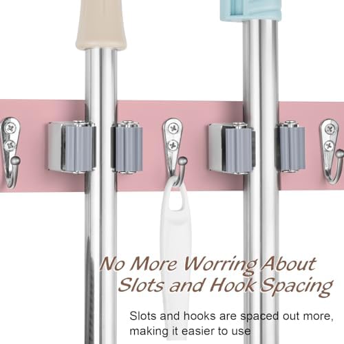 OUTNILI Pink Mop Broom Holder Wall Mount with 4 Slots & 4 Hooks - Wood Broom Mop Hanger for Pantry Closet Laundry Room