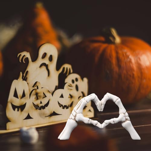 White Halloween Heart Hands Sculpture, Resin Abstract Skeleton Statue Love Ornaments, Heart Shape Finger Gesture Figurines for Shelf Home Desktop Decoration