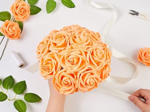 16 Pcs Orange Artificial Flowers, Fake Roses with Stems