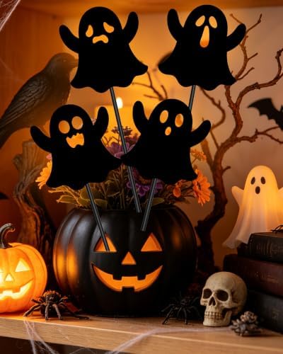 4 Pcs Ghosts Halloween Decorative Garden Stakes for Flower Planter Pot Outdoor Metal Yard Sign Day of The Dead Decorations Patio Lawn Decor