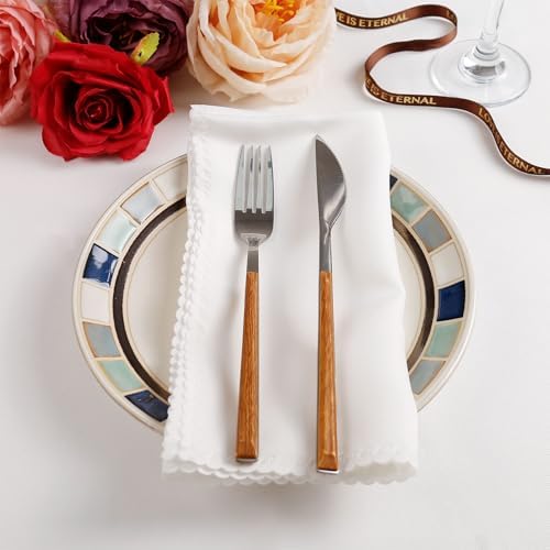 White Cloth Napkins Set of 4, Polyester Dinner Napkins Washable Reusable, Wave Lace Table Cloth Napkins for Christmas Thanksgiving Festival Holiday Dinner Table Decoration