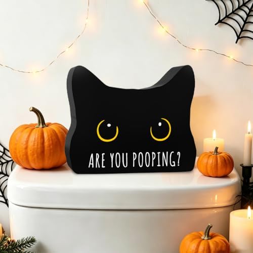 Black Cat Halloween Bathroom Decor Sign, Cute Halloween Black Cat Gifts