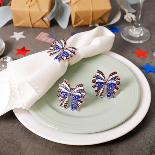 Patriotic Bow Napkin Rings Set of 8, 4th of July Red Blue White Metal Bow with Star Napkin Rings Holder for Independence Day, Presidential Election, Memorial, 250th Anniversary Table Decor
