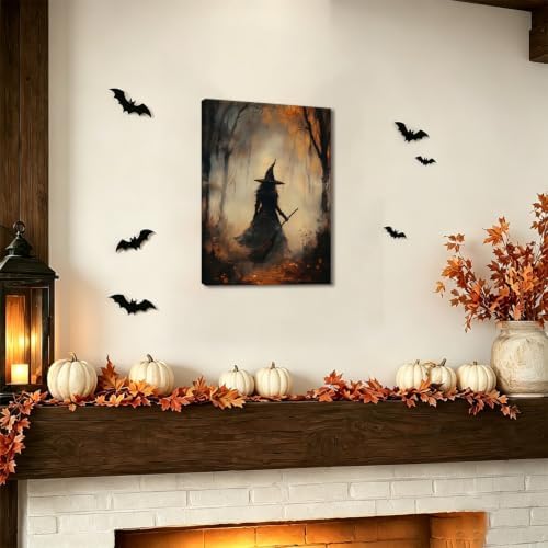 ILLBDR Halloween Witch with Broomstick Canvas Wall Art 12x16 inch