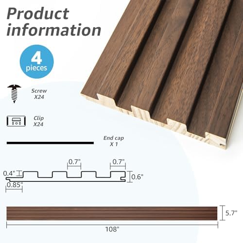 Slat Wood Wall Paneling / 108 x 5.7 / Slat Walnut / Set of 4