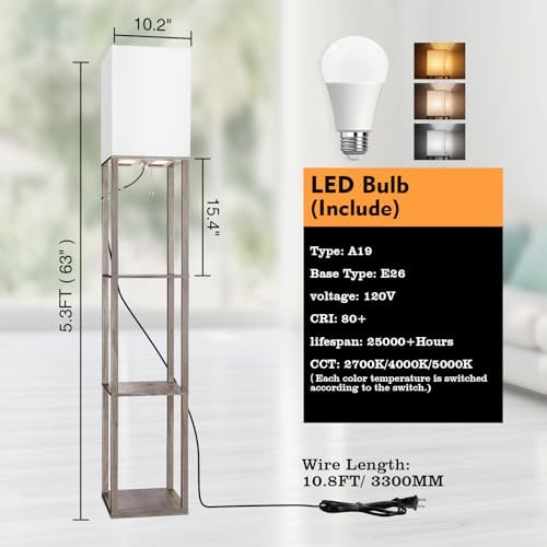 RUNTOP Floor Lamp with Shelves, Shelf Lamp with 3 Color Temperature LED Bulb,Lamps for Living Room, Standing Lamp